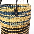 【受注商品】ニャリガバスケット 縦長丸底かすり模様ミックスカラーカゴ ナチュラルインディゴ黒カーキ 黒革