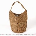 ラフィアかぎ編みバッグ 丸底 四角パッチワーク 紅茶