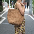 ラフィアかぎ編みバッグ 丸底長編 紅茶