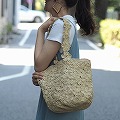 ラフィアバッグ 丸底 花パッチワーク NAT