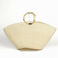 サイザルバッグ楕円底9x6x9 メタルリングハンドル八角 扇 生成  23SS一点物 @13000→10400円