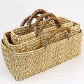 ストロー横長カゴ 大 革ハンドル キャメル
