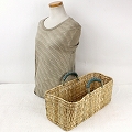 ストロー横長カゴ 大 革ハンドル マラカイト