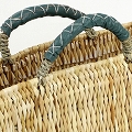 ストロー横長カゴ 小 革ハンドル マラカイト