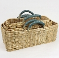 ストロー横長カゴ 小 革ハンドル マラカイト