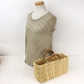 ストロー横長カゴ 小 革ハンドル キャメル