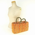ストロー横長カゴ S ドームハンドル 柄4 オレンジ