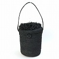 ラフィア丸底カゴ もしゃもしゃ蓋付き 黒 細ハンドル 黒革 25SS一点物 @16000→12800円