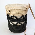 ラフィア丸底カゴ ジグザグ透かし ナチュラル黒 生成革 25SS一点物 @16000→12800円