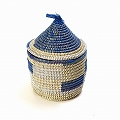 セネガルカゴ とんがり蓋付き 格子柄 小 白ベージュ紺