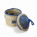 セネガルカゴ とんがり蓋付き 格子柄 小 白ベージュ紺