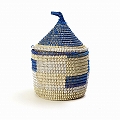 セネガルカゴ とんがり蓋付き 格子柄 小 白ベージュ紺