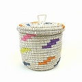 セネガル 筒型蓋付きカゴ 段々柄 白 小