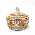 セネガル 蓋付きカゴ 三角柄 白オレンジ 小
