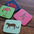 ハンドペイント動物コースター 四角 ヒョウ ミント