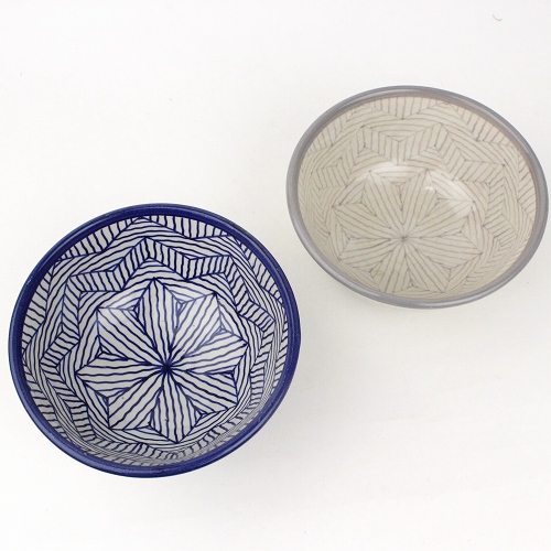 アフリカンスクエアー フェズ陶器ボウル 星幾何学模様 直径18 グレー 一点物